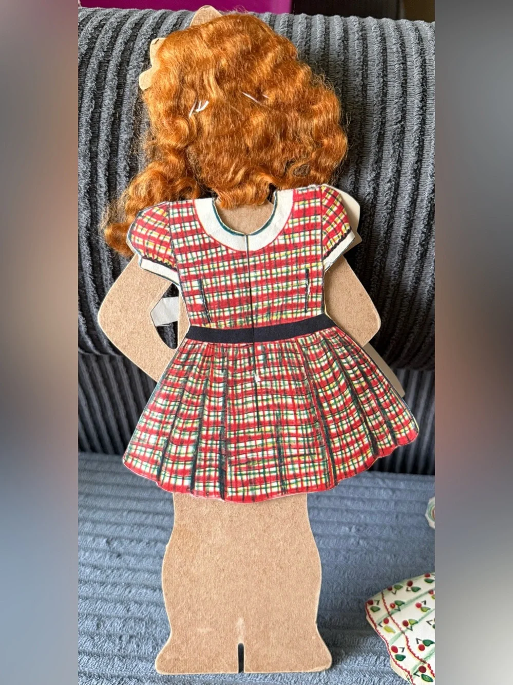 Vintage Paper Doll with Red Plaid Dress and Interchangeable Outfits and Hair